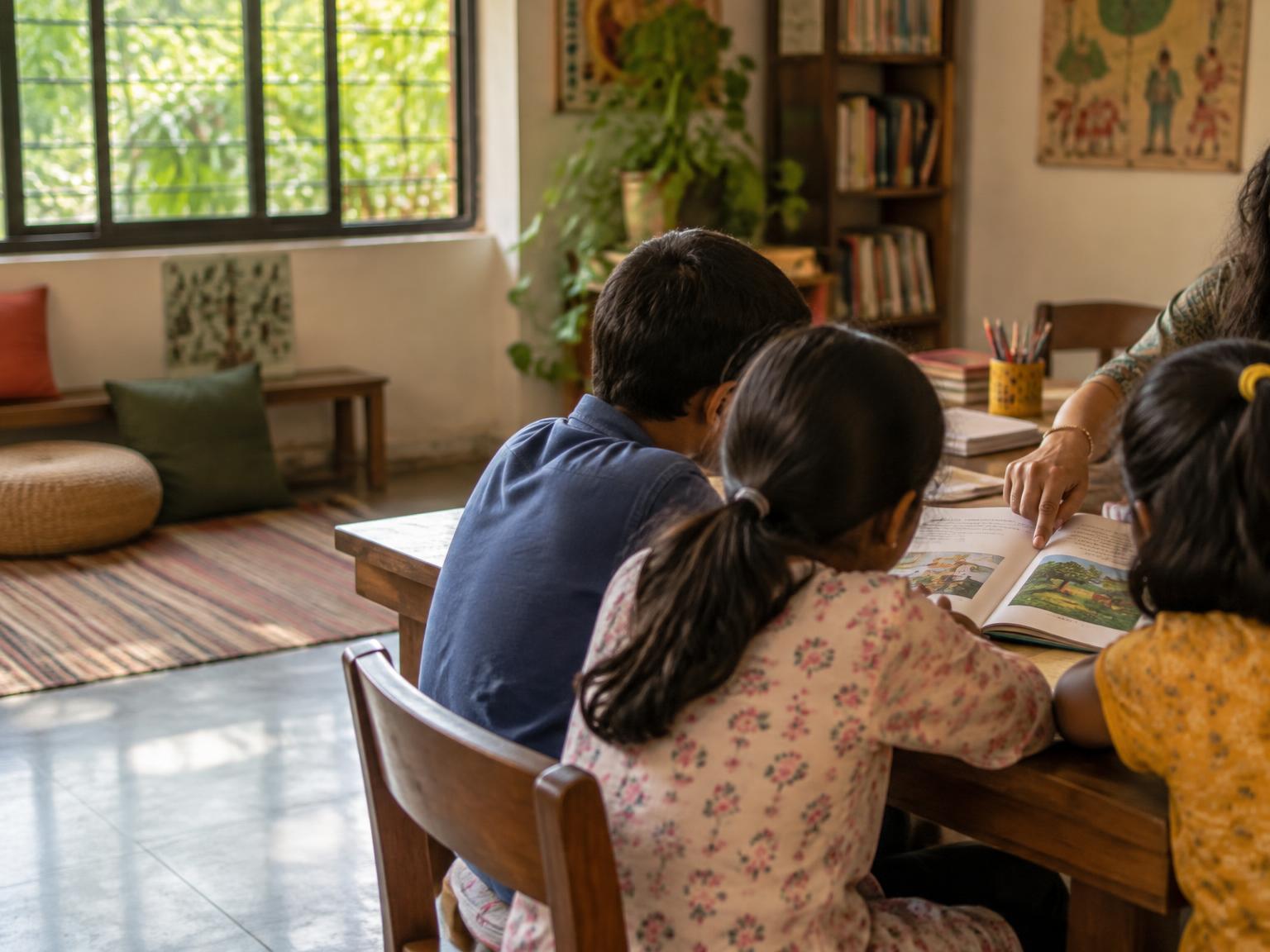 Children gathered around an open book in a bright learning space, pictured from behind